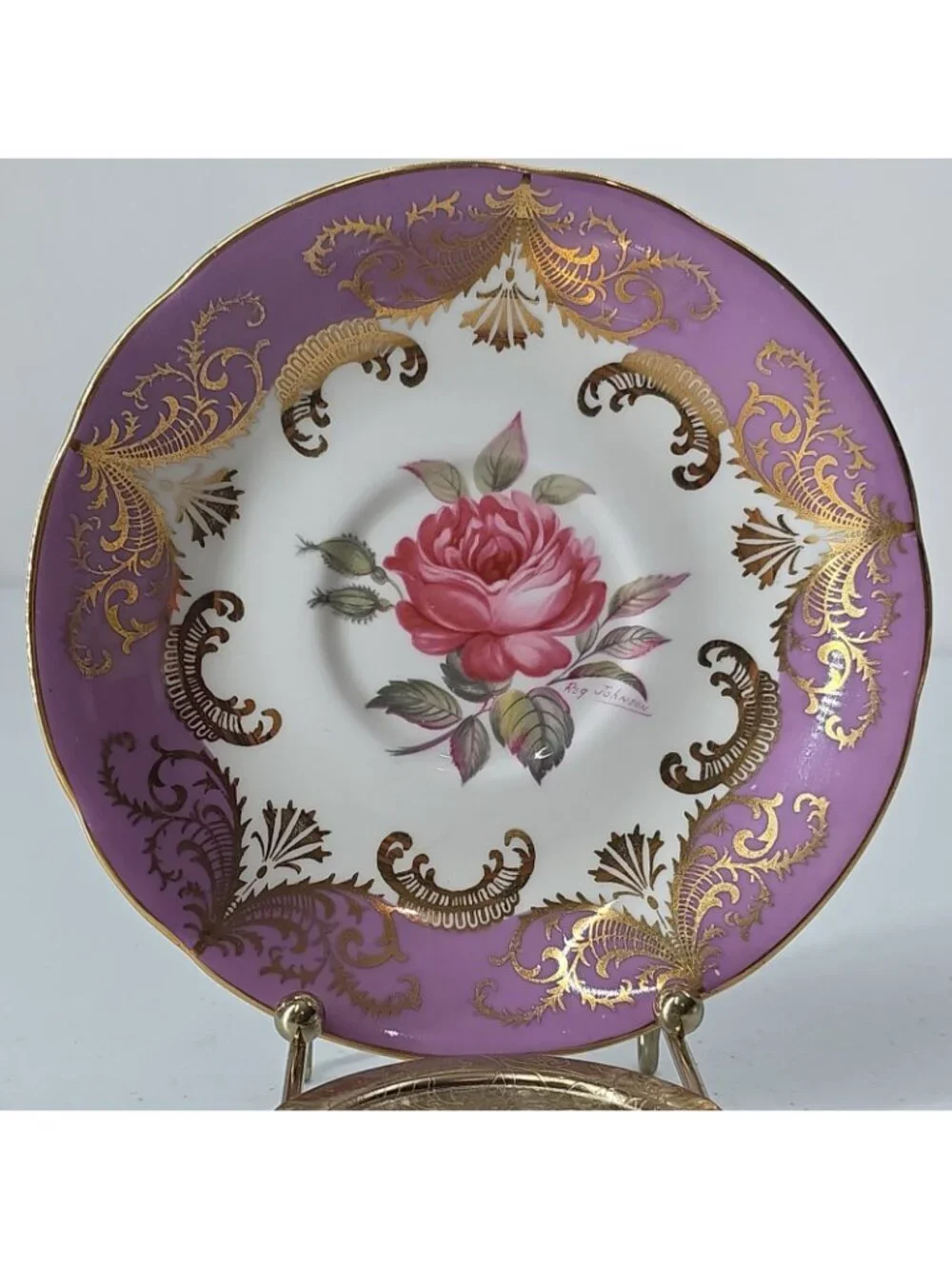 Paragon England Antique Rose Tea Cup & Saucer Signed Reg Johnson Gold Fushia